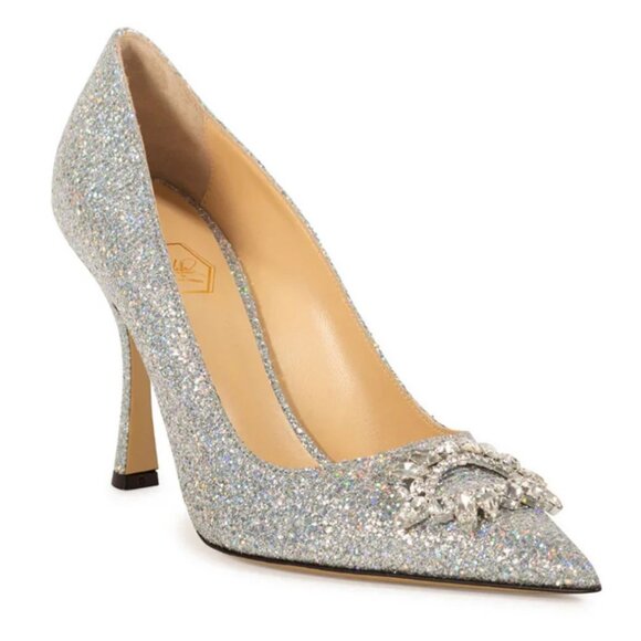 NWOB Nalebe by Amina Means Lirum Silver Glitter Embellished Pointed Toe Heels - Picture 1 of 9
